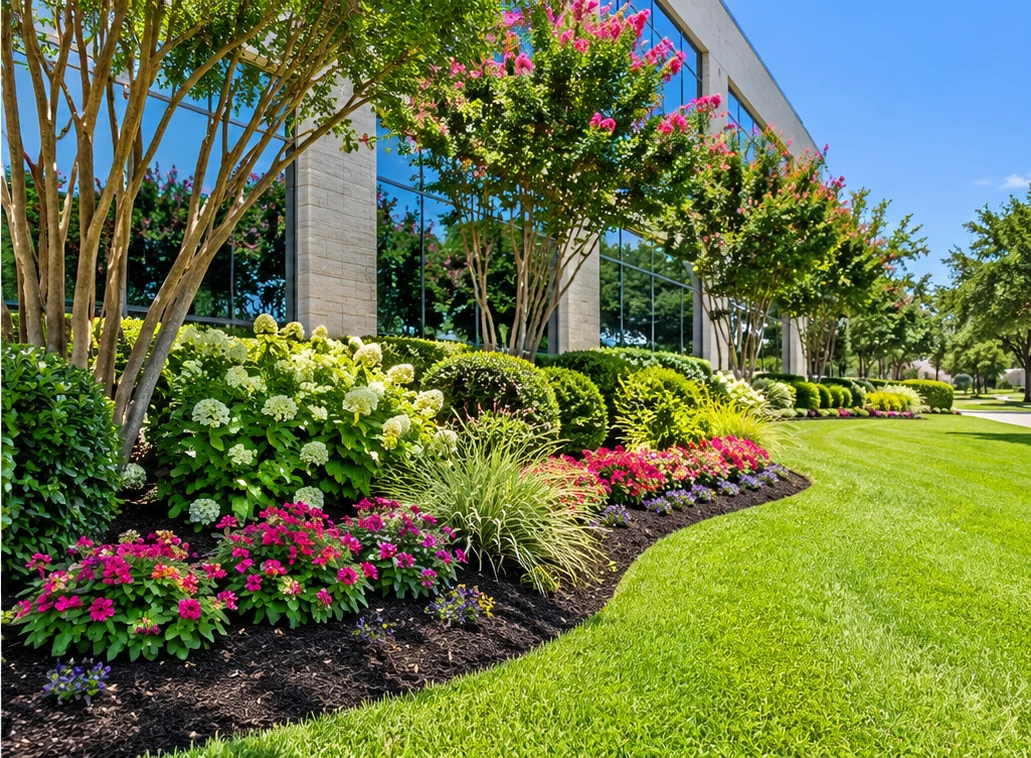 Illustrative commercial landscaping with vibrant planting beds and trimmed shrubs